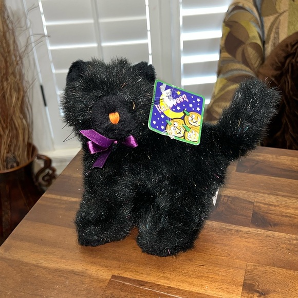 Halloween Black Cat Plush Stuffed Animal Purple Bow Rainbow Metallic Vintage - Picture 2 of 6